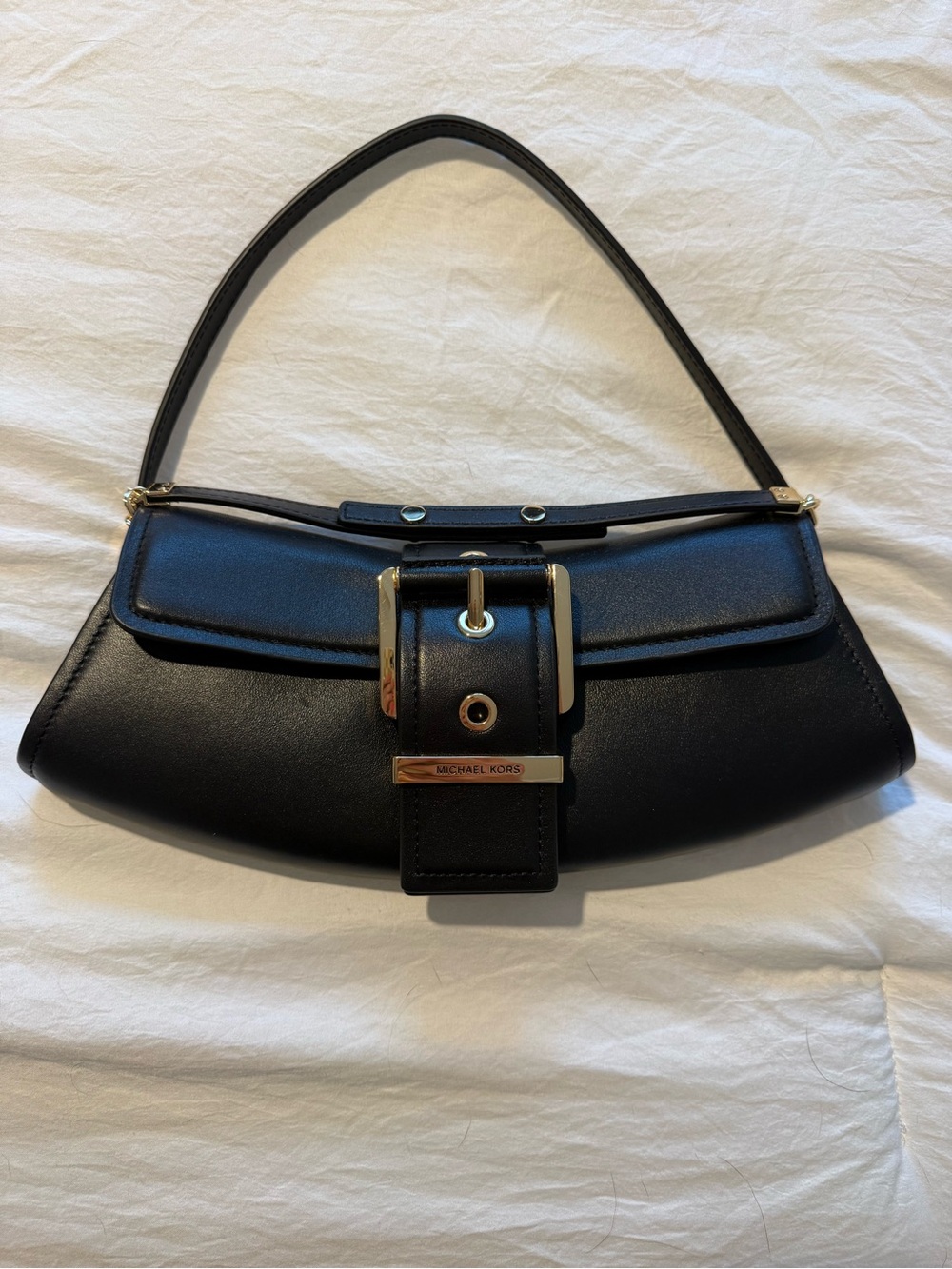 Michael Kors Black Leather Shoulder Bag with Gold-Tone Buckle